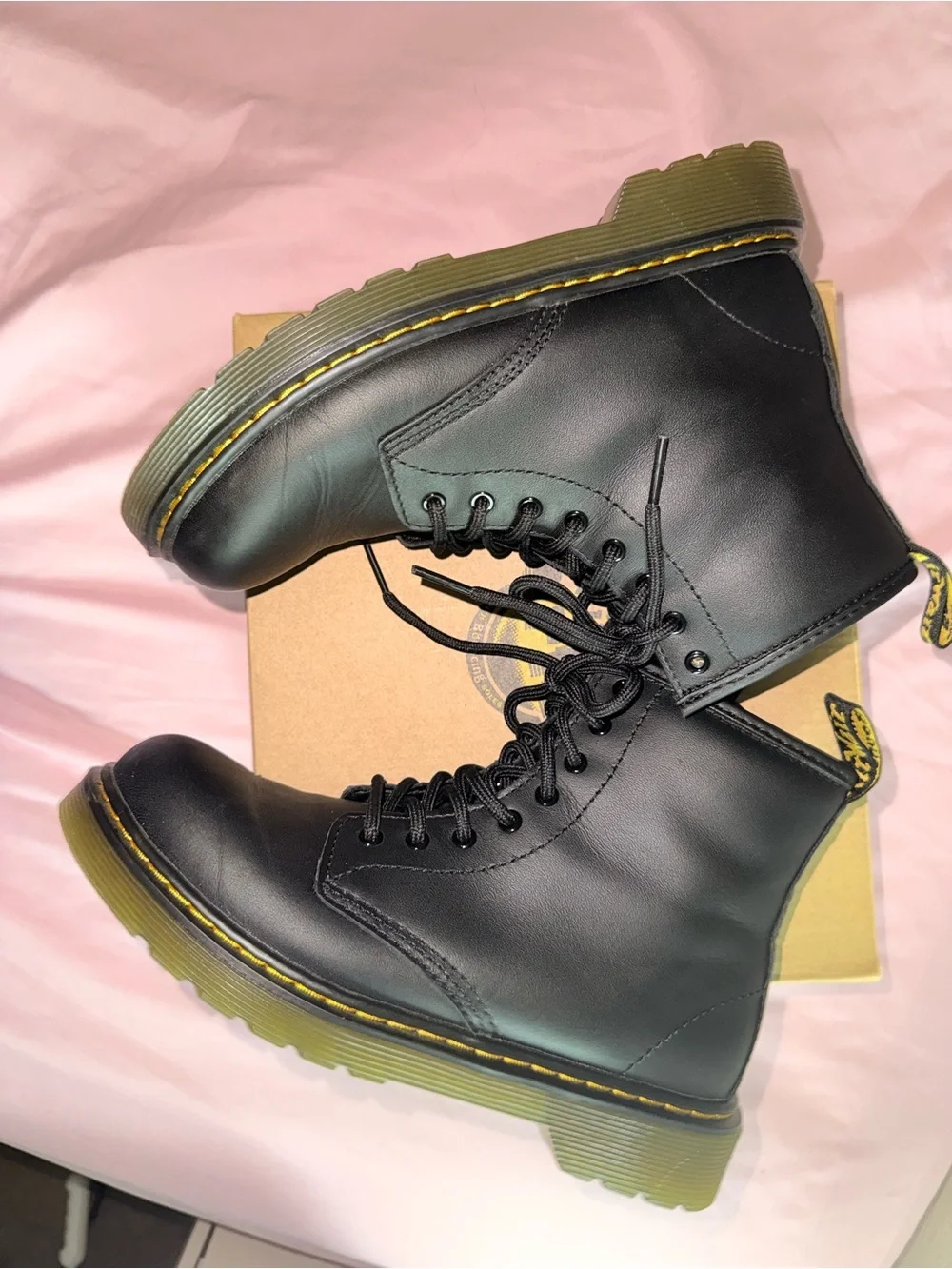 Dr. Martens Black Leather Lace-Up Combat Boots with Yellow Stitching